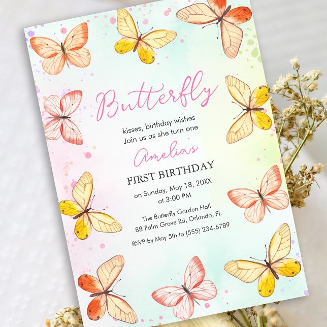 Butterfly Theme Girl 1st Birthday Watercolor Pink Einladung (Butterfly Girl 1st Birthday Watercolor Invitation)