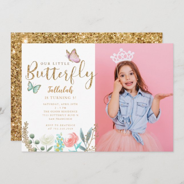 Butterfly Theme Girls Geburtstagsparty Foto Einladung (Vorne/Hinten)
