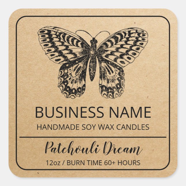 Butterfly Themed Kraft Paper Soy Candle Labels Quadratischer Aufkleber (Vorderseite)
