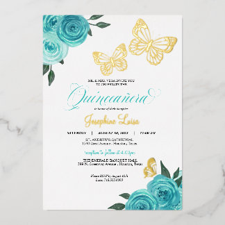 Butterfly Turquoise Rose Quinceanera Real Folieneinladung