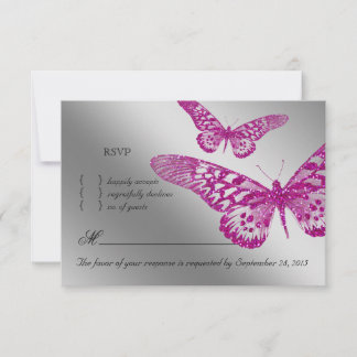 Butterfly UAWG Wedding Repcard Rosa Glitzer RSVP Karte