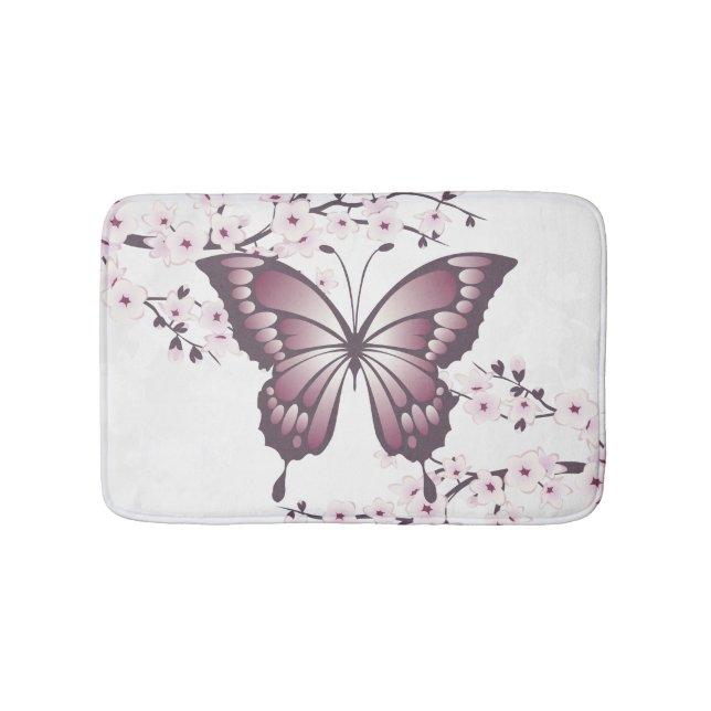 Butterfly und Cherry Blossom Mauve Badematte (Vorderseite)