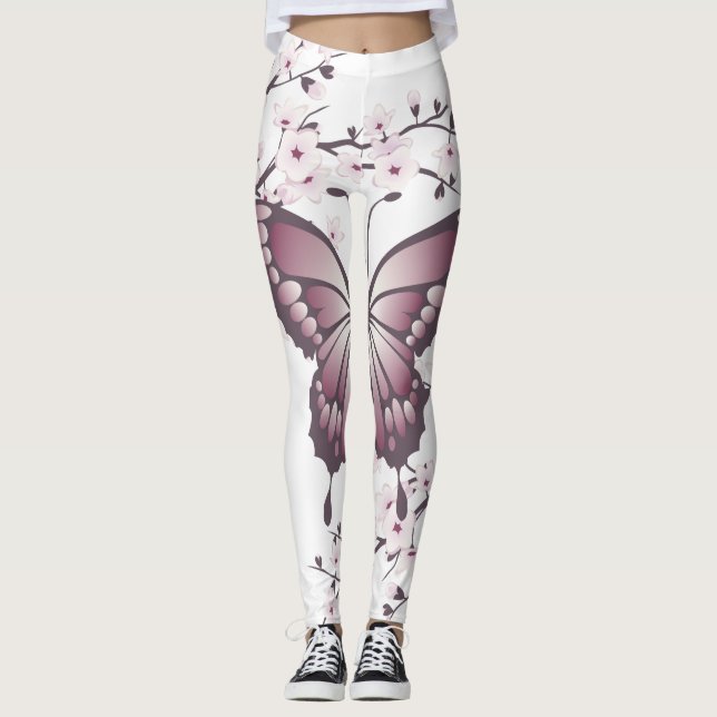 Butterfly und Cherry Blossom Mauve Leggings (Vorderseite)