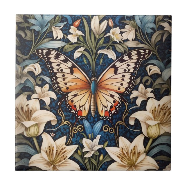 Butterfly und Lilies Botanische Keramik Tile Fliese (Vorderseite)