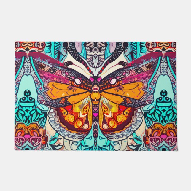 Butterfly und Medallion Batik Muster in Orange Fußmatte (Vorderseite)