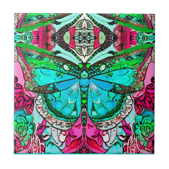 Butterfly und Medallion Batik Muster in Türkis Fliese (Vorderseite)