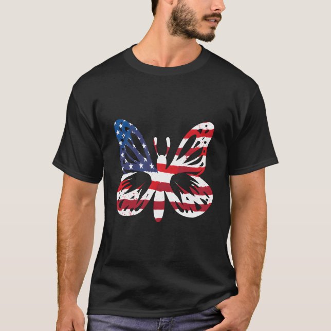 Butterfly US amerikanische Flagge Patriotic 4. Jul T-Shirt (Vorderseite)