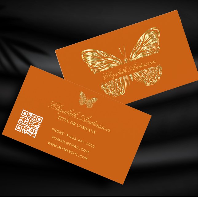 Butterfly verbranntes orangefarbenes Gold QR-Code Visitenkarte (Von Creator hochgeladen)