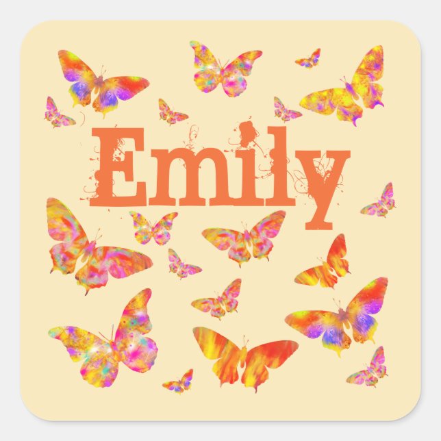 Butterfly Vintag Retro Art Name Emily Quadratischer Aufkleber (Vorderseite)