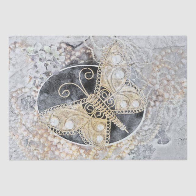 Butterfly Vintager Romantischer Goldschwarz Seidenpapier (Vorderseite)