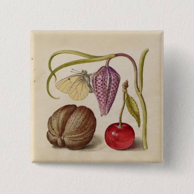 Butterfly Walnut Blume Cherry Wasserfarbe Kunst Button (Vorderseite)