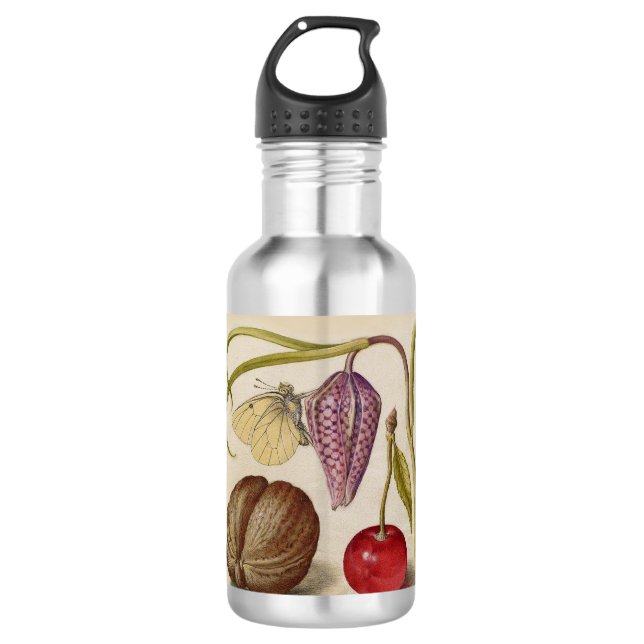 Butterfly Walnut Blume Cherry Wasserfarbe Kunst Edelstahlflasche (Vorderseite)