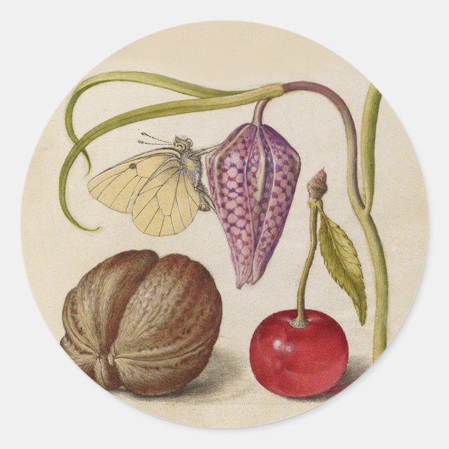 Butterfly Walnut Blume Cherry Wasserfarbe Kunst Runder Aufkleber (Vorderseite)