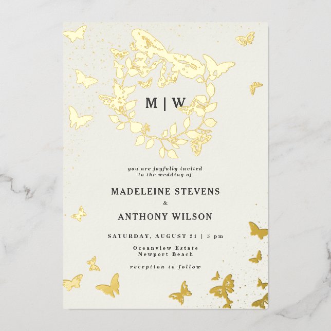 Butterfly Wappen Ivory Gold Monogramme Hochzeit Folieneinladung (Vorderseite)