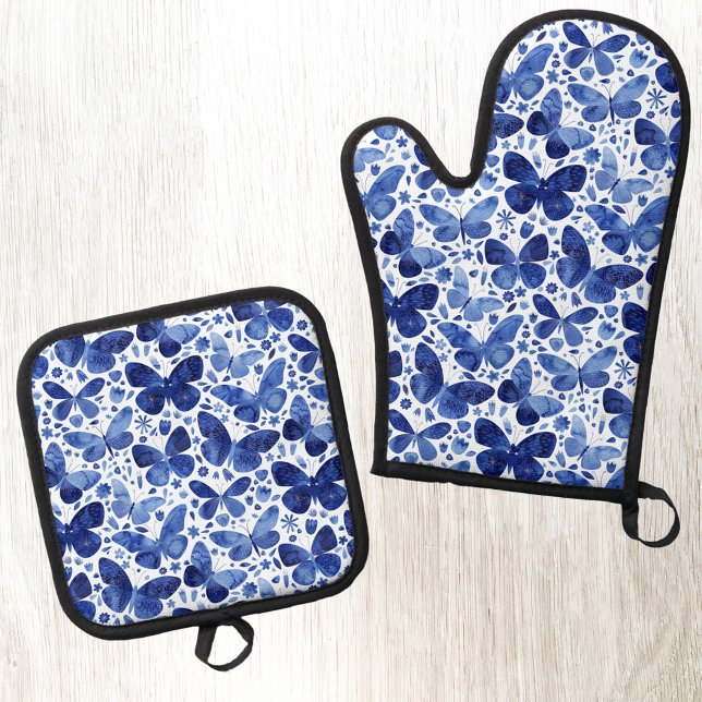 Butterfly Wasserfarbe Blau und Weiß Ofenhandschuh & Topflappen-Set (Butterfly watercolor pattern kitchen oven mitt and pot holder)