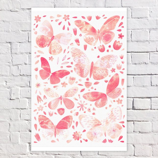 Butterfly Wasserfarbe Peach Koralle Rosa Leinwanddruck (Coral peach pink and white watercolor butterfly faux canvas print)