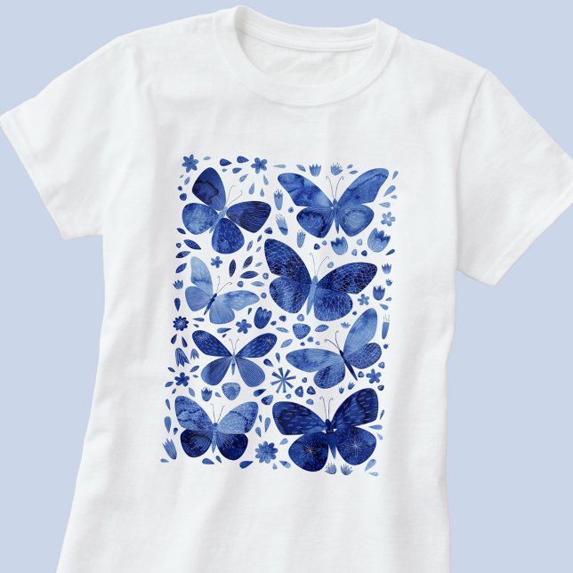 Butterfly Watercolor Blue T - Shirt (Indigo navy blue and white watercolor butterfly art t-shirt)