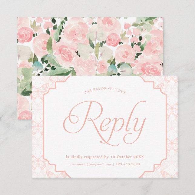 Butterfly Watercolor Florals Blush Pink RSVP Karte (Vorne/Hinten)