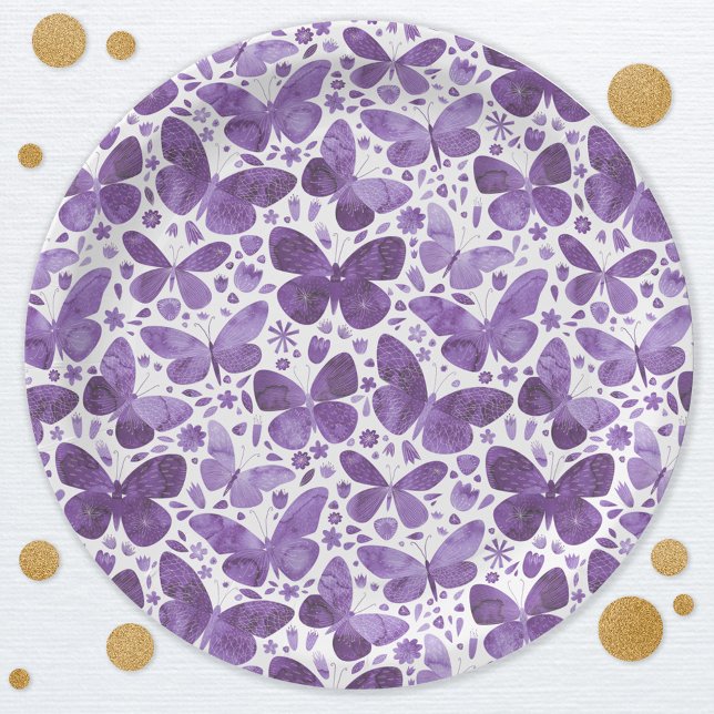 Butterfly Watercolor Lila Pappteller (Butterfly watercolor pattern purple party paper plates)