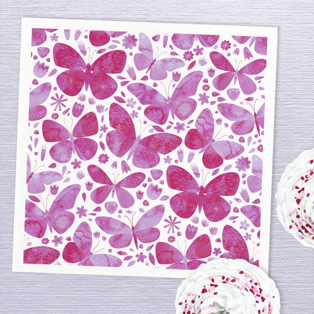 Butterfly Watercolor Magenta Pink Serviette (Magenta hot pink watercolor butterfly pattern paper napkins)
