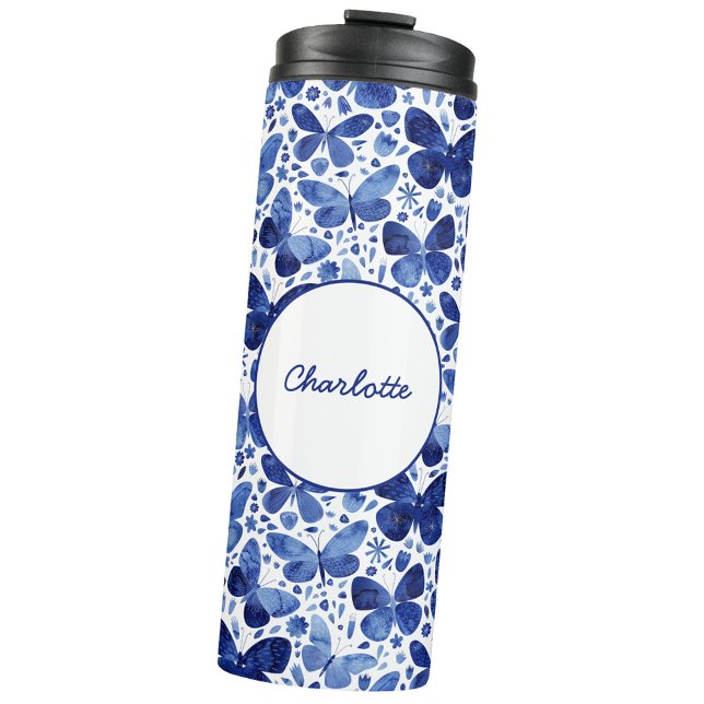Butterfly Watercolor Navy Indigo Blue Personalisie Thermosbecher (Navy indigo blue and white watercolor butterfly pattern personalized name thermal tumbler)