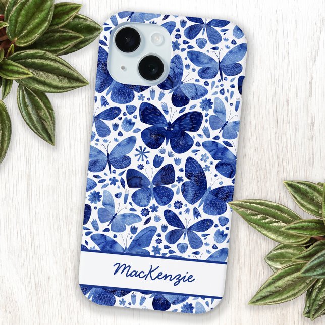 Butterfly Watercolor Personalisiert Case-Mate iPhone Hülle (Blue and white personalized custom name butterfly pattern cell phone case)