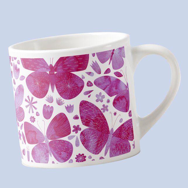 Butterfly Watercolor Pink Espressotasse (Hot magenta pink and white watercolor butterfly pattern  espresso cup)