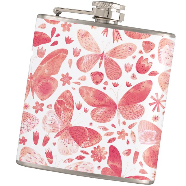 Butterfly Watercolor Pink Flachmann (Peach coral pink and white watercolor butterfly pattern hip flask)