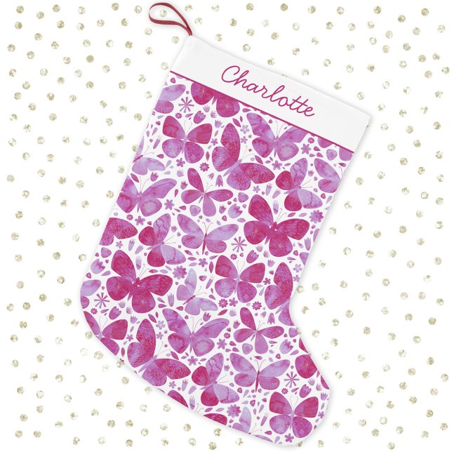 Butterfly Watercolor Pink Kleiner Weihnachtsstrumpf (Personalized script name pretty hot pink and white watercolor Christmas stocking)