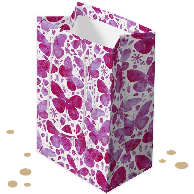 Butterfly Watercolor Pink Mittlere Geschenktüte (Hot magenta pink watercolor butterfly pattern gift bag)
