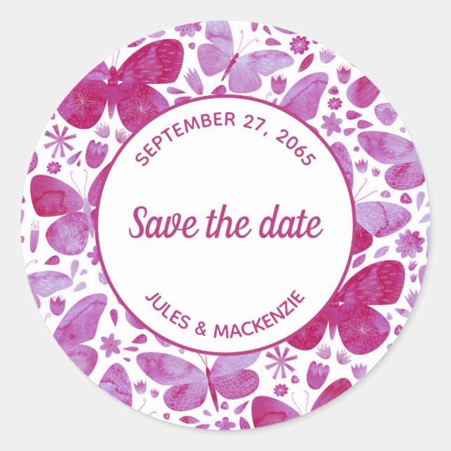 Butterfly Watercolor Pink Save the Date Runder Aufkleber (Vorderseite)