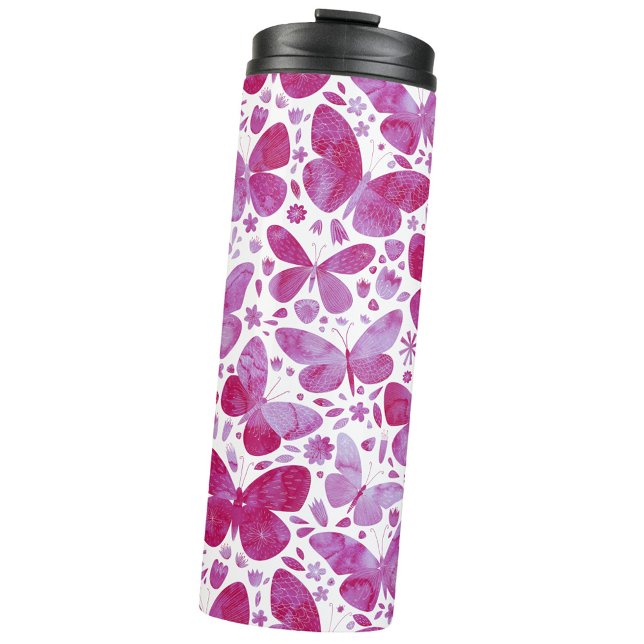 Butterfly Watercolor Pink Thermosbecher (Magenta pink and white watercolor butterfly pattern thermal tumbler)