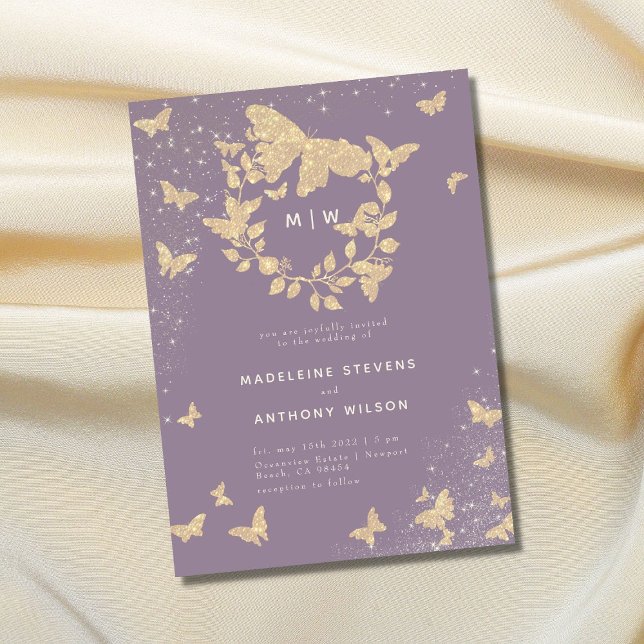 Butterfly Wedding Lilac Gold Monogramme Elegant Einladung (Von Creator hochgeladen)