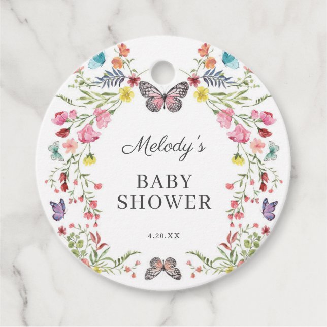 Butterfly Wildblume Babydusche Geschenkanhänger (Vorderseite)