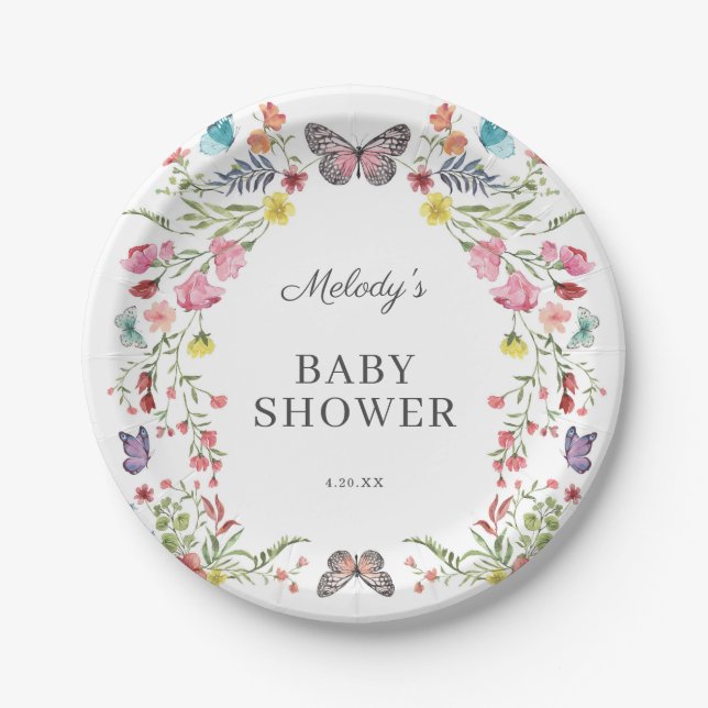 Butterfly Wildblume Babydusche Pappteller (Vorderseite)