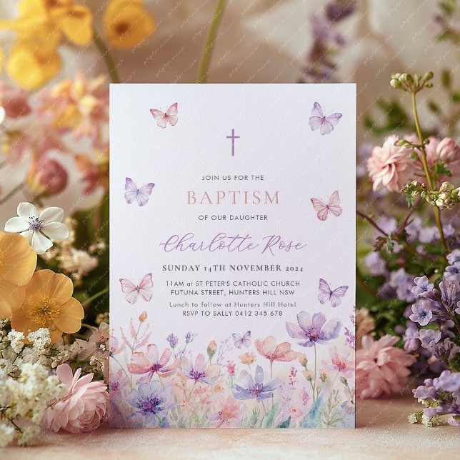 Butterfly Wildblume Blumentaufen Christening Einladung (Wildflower Baptism Invitation with pastel flowers and butterflies. Girl's baptism invitation)