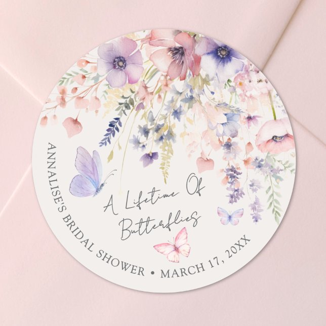 Butterfly Wildflower Bridal Shower Runder Aufkleber (Butterfly Wildflower Bridal Shower Classic Round Sticker)