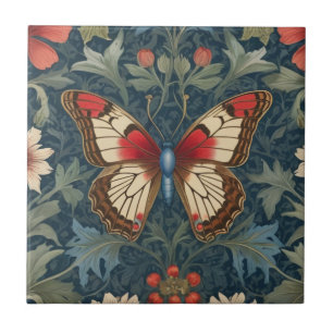 Butterfly William Morris Style Blue & Red Floral Fliese