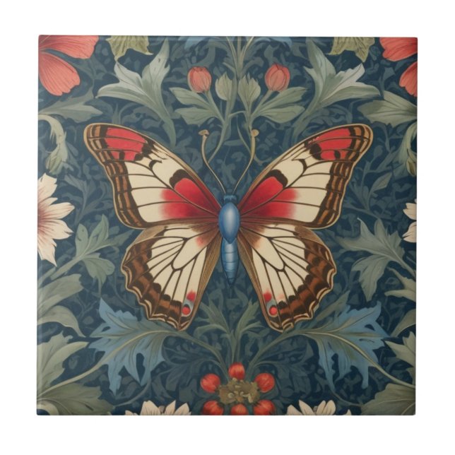 Butterfly William Morris Style Blue & Red Floral Fliese (Vorderseite)