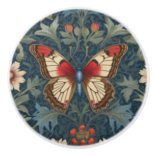 Butterfly William Morris Style Blue & Red Floral Keramikknauf