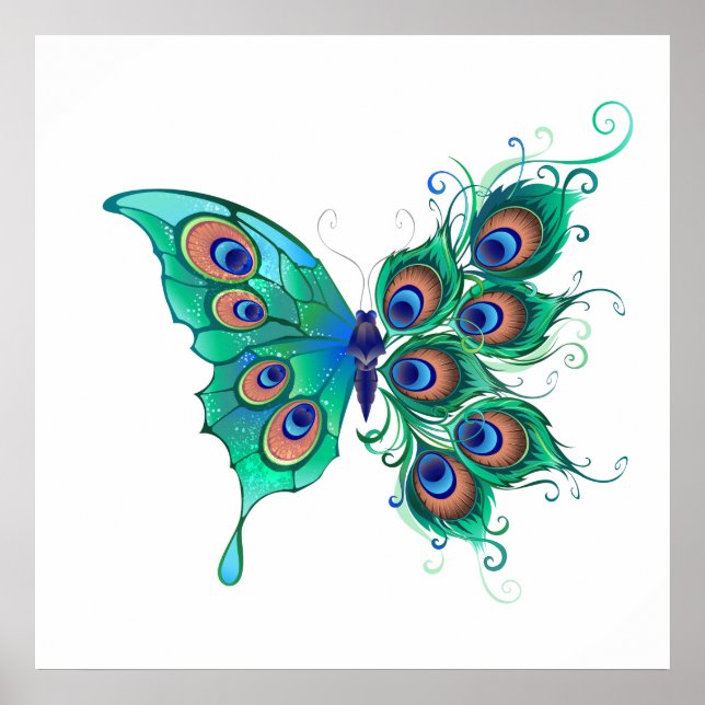 Butterfly with Green Peacock Feathers Poster (Vorne)