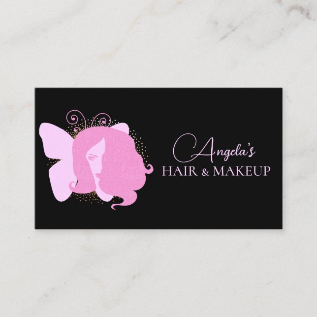 Butterfly Woman Makeup Salon Pink Black Script Visitenkarte (Vorderseite)