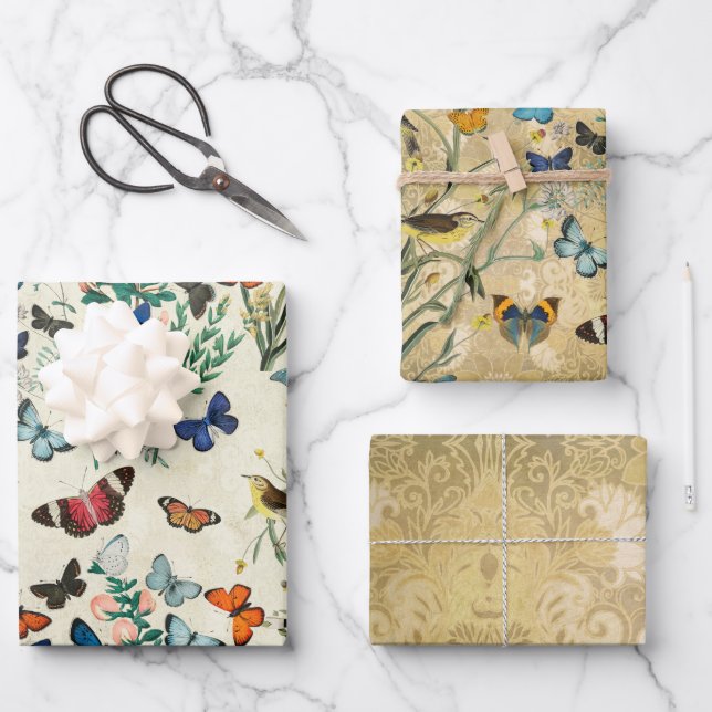 Butterfly Wrapping Paper Flat Sheet Set 3 Geschenkpapier Set (Vorderseite)