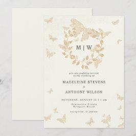 Butterfly Wreath Ivory Gold Monogramme Hochzeit Einladung