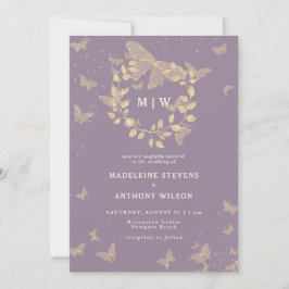 Butterfly Wreath Lilac Gold Monogramme Hochzeit Einladung