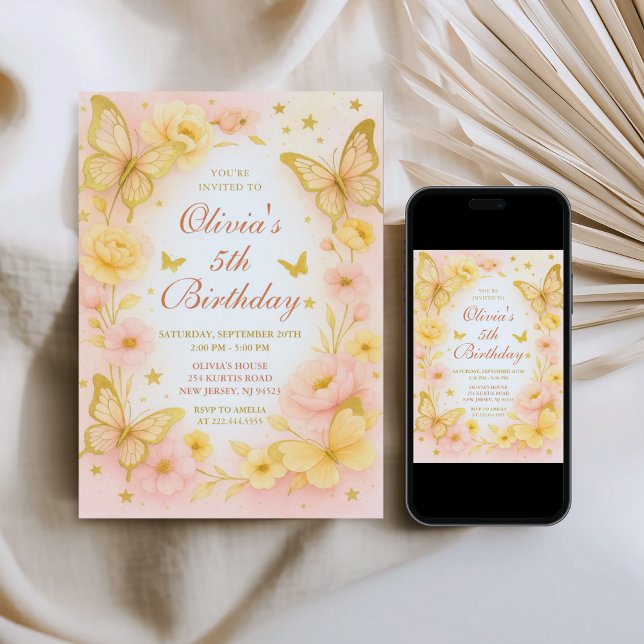 Butterfly Yellow and Pink Birthday Invitation Einladung (Von Creator hochgeladen)