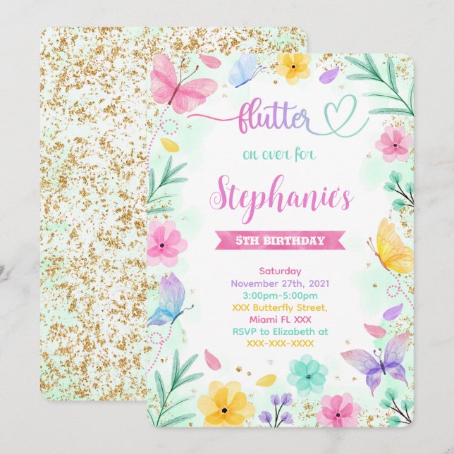 Butterfly zum Geburtstag Einladung (Vorne/Hinten)