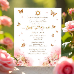 Butterflys Gold Foil Bat Mitzvah Budget Einladung