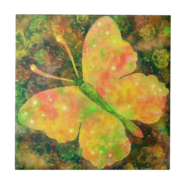 Butterfy and Flowers Ceramic Tile - Watercolor Ar Fliese (Vorderseite)