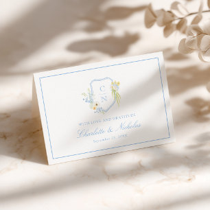 Buttergelb blaue florale Monogramm-Wappen-Hochzeit Dankeskarte